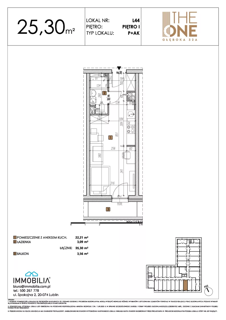 1 pokój, lokal inwestycyjny 25,30 m², piętro 1, oferta nr 44, THE ONE, Lublin, Wieniawa, Miasteczko Akademickie, ul. Głęboka 32A
