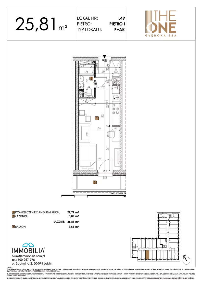 1 pokój, lokal inwestycyjny 25,81 m², piętro 1, oferta nr 49, THE ONE, Lublin, Wieniawa, Miasteczko Akademickie, ul. Głęboka 32A
