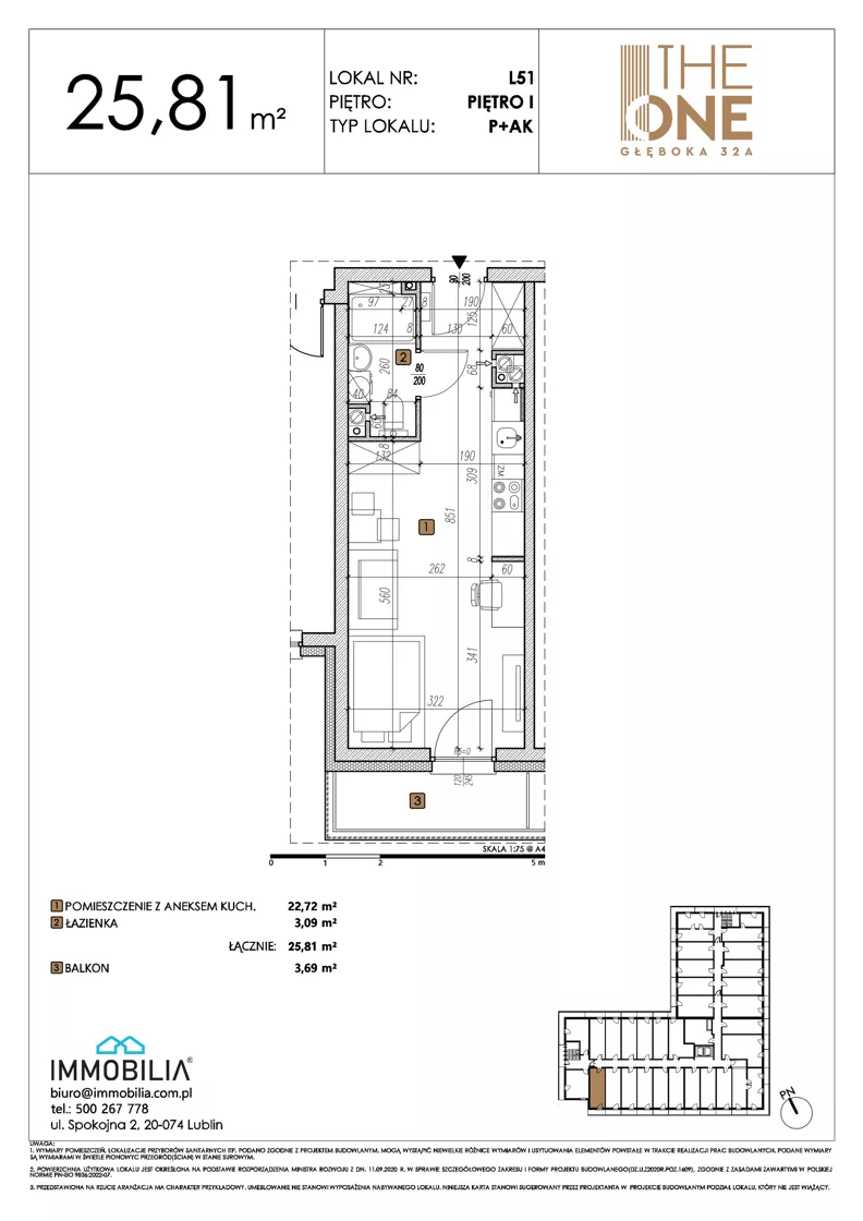 1 pokój, lokal inwestycyjny 25,81 m², piętro 1, oferta nr 51, THE ONE, Lublin, Wieniawa, Miasteczko Akademickie, ul. Głęboka 32A