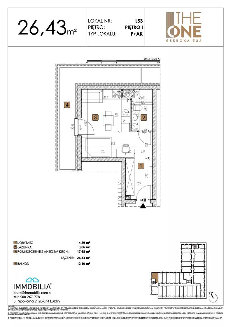 1 pokój, lokal inwestycyjny 26,43 m², piętro 1, oferta nr 53, THE ONE, Lublin, Wieniawa, Miasteczko Akademickie, ul. Głęboka 32A