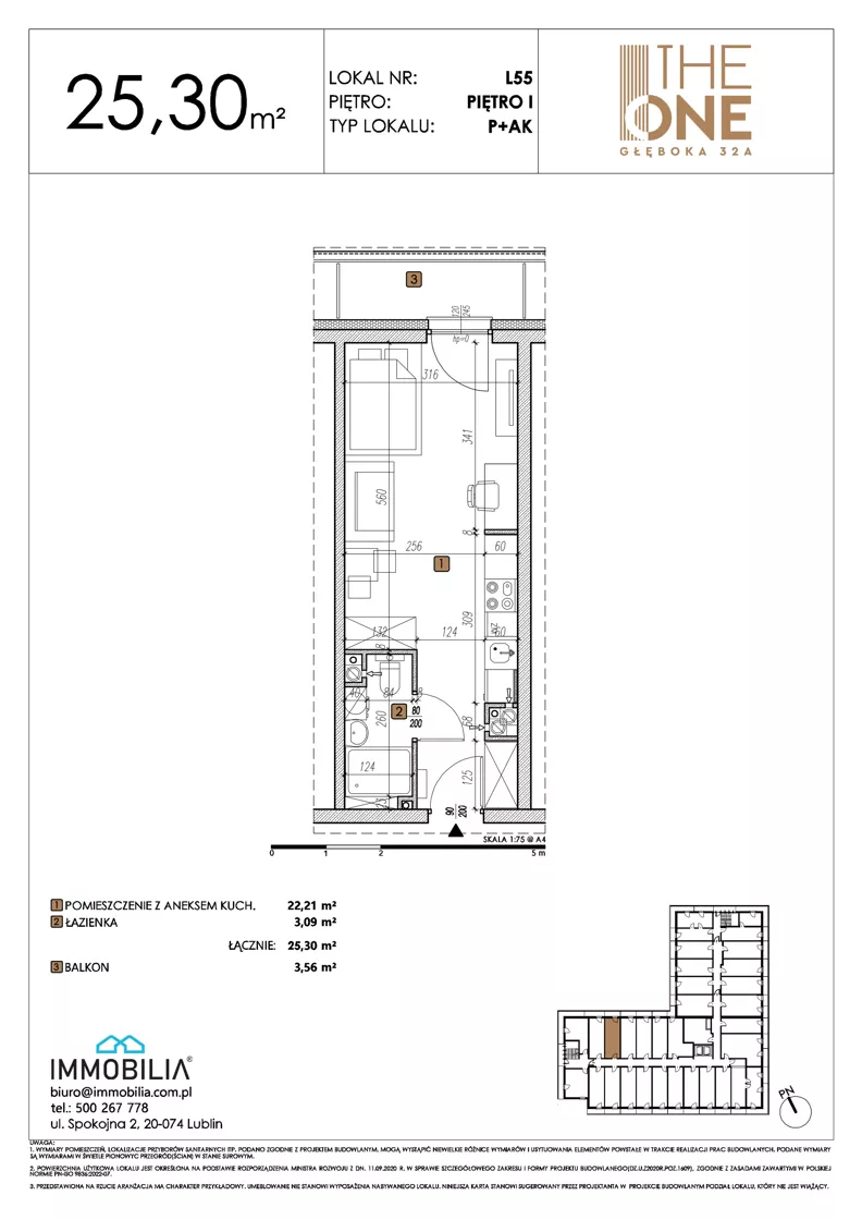 1 pokój, lokal inwestycyjny 25,30 m², piętro 1, oferta nr 55, THE ONE, Lublin, Wieniawa, Miasteczko Akademickie, ul. Głęboka 32A