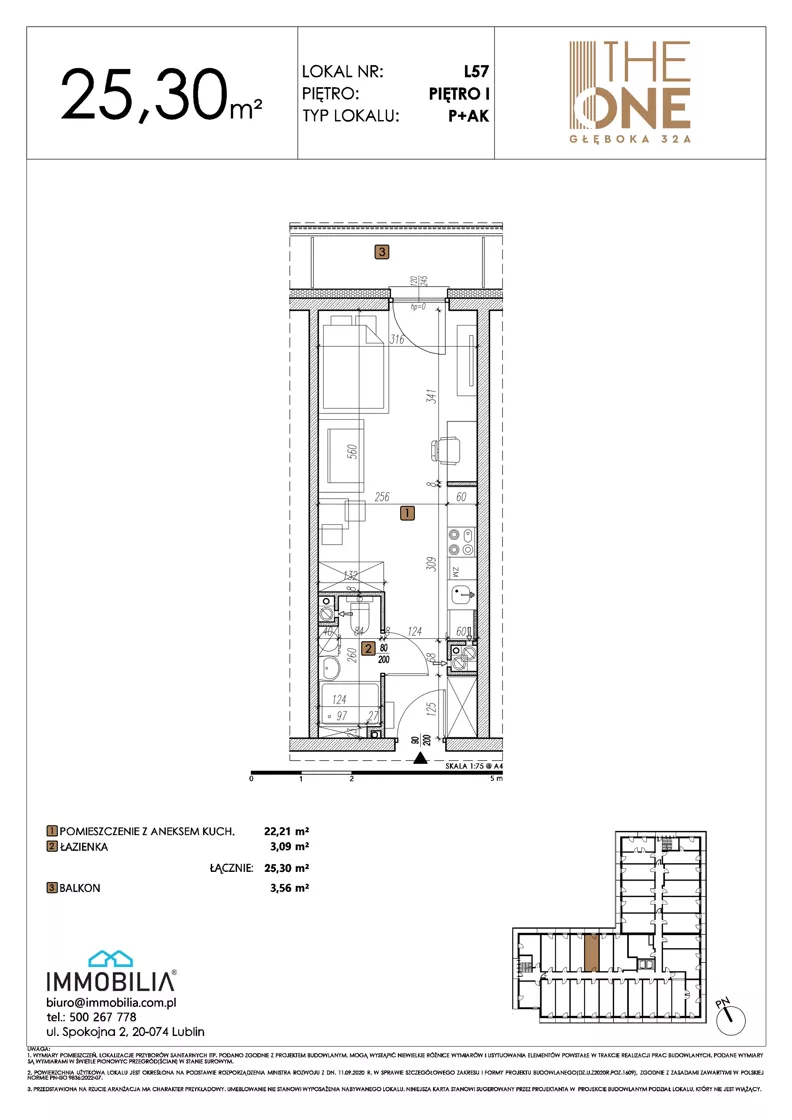 1 pokój, lokal inwestycyjny 25,30 m², piętro 1, oferta nr 57, THE ONE, Lublin, Wieniawa, Miasteczko Akademickie, ul. Głęboka 32A