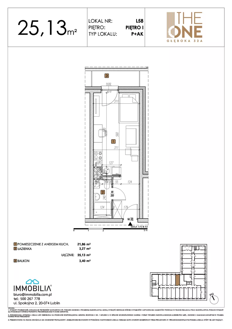 1 pokój, lokal inwestycyjny 25,13 m², piętro 1, oferta nr 58, THE ONE, Lublin, Wieniawa, Miasteczko Akademickie, ul. Głęboka 32A