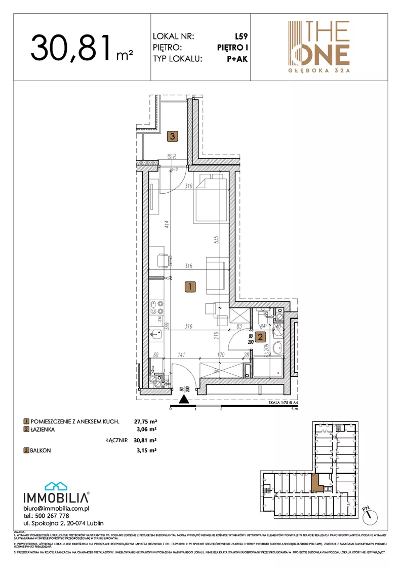 1 pokój, lokal inwestycyjny 30,81 m², piętro 1, oferta nr 59, THE ONE, Lublin, Wieniawa, Miasteczko Akademickie, ul. Głęboka 32A