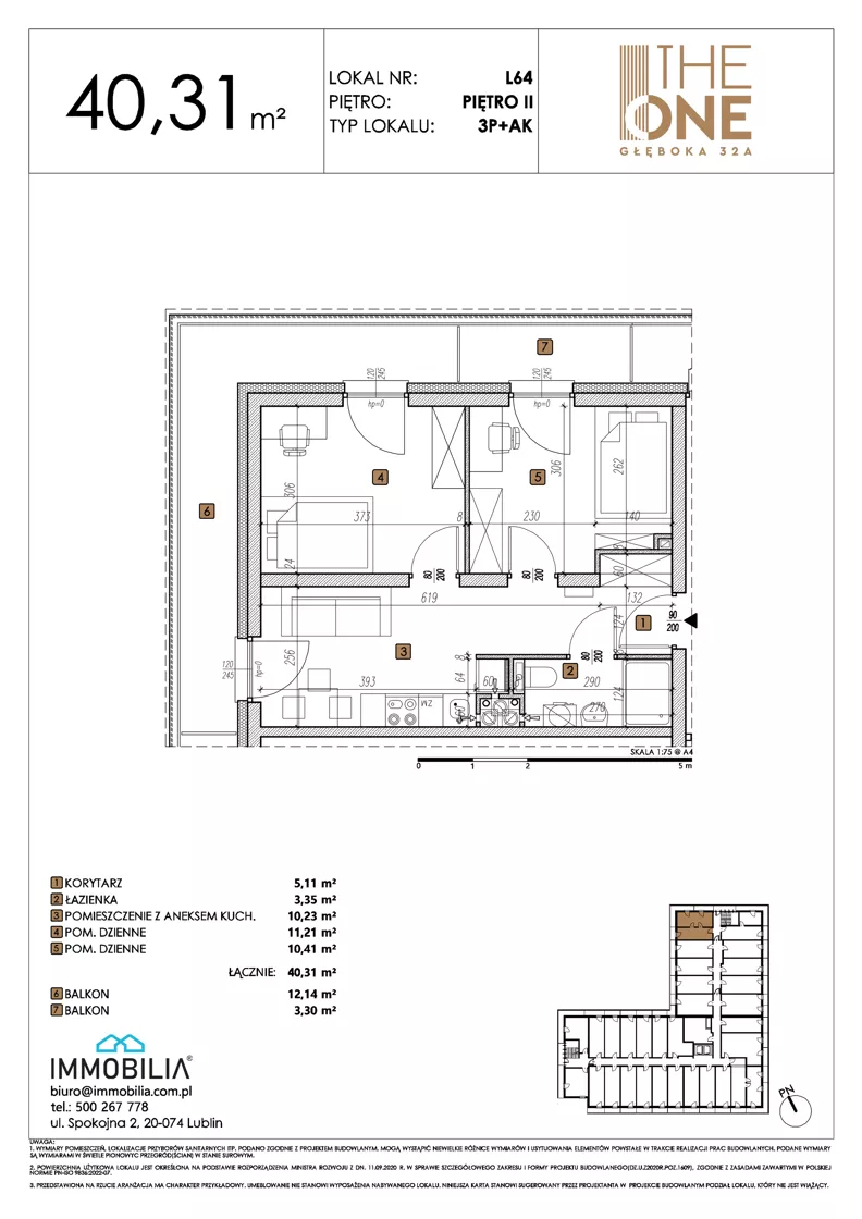 3 pokoje, lokal inwestycyjny 40,31 m², piętro 2, oferta nr 64, THE ONE, Lublin, Wieniawa, Miasteczko Akademickie, ul. Głęboka 32A