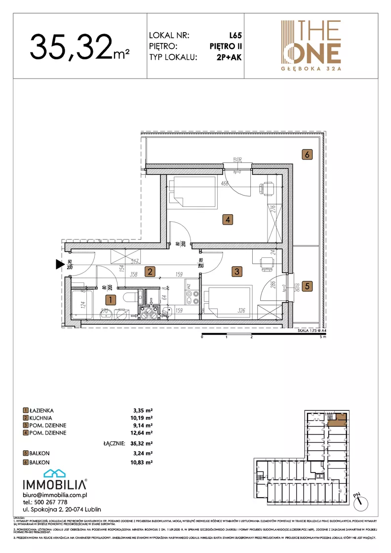 2 pokoje, lokal inwestycyjny 35,32 m², piętro 2, oferta nr 65, THE ONE, Lublin, Wieniawa, Miasteczko Akademickie, ul. Głęboka 32A