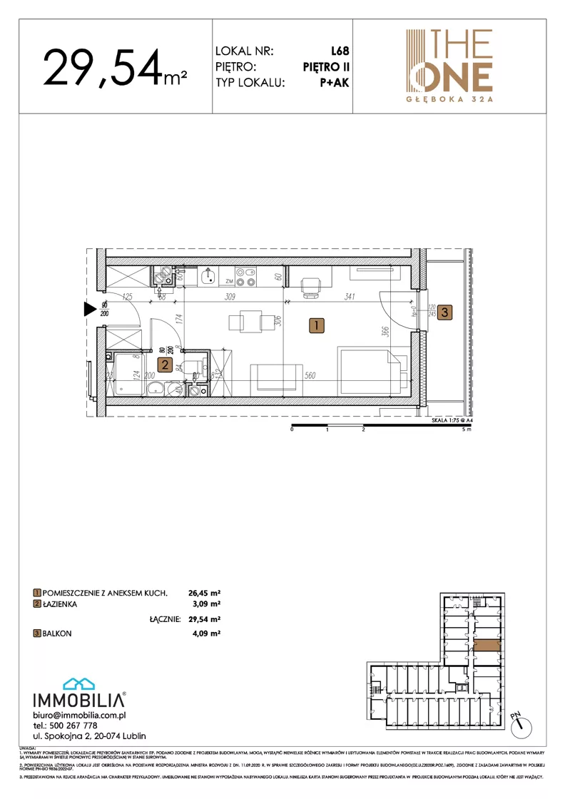 1 pokój, lokal inwestycyjny 29,54 m², piętro 2, oferta nr 68, THE ONE, Lublin, Wieniawa, Miasteczko Akademickie, ul. Głęboka 32A
