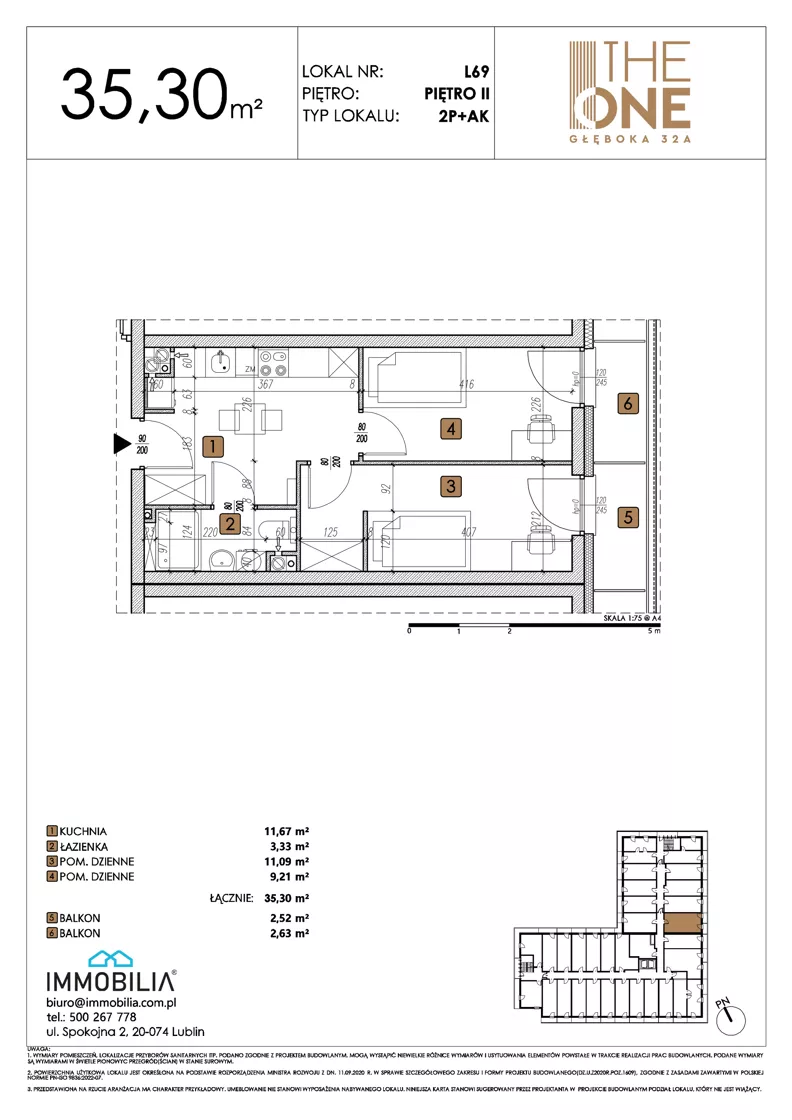 2 pokoje, lokal inwestycyjny 35,30 m², piętro 2, oferta nr 69, THE ONE, Lublin, Wieniawa, Miasteczko Akademickie, ul. Głęboka 32A