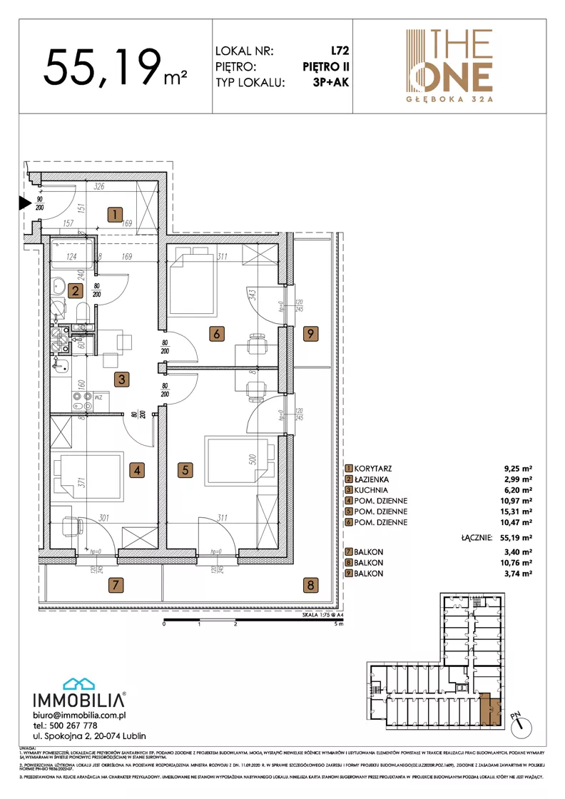 3 pokoje, lokal inwestycyjny 55,19 m², piętro 2, oferta nr 72, THE ONE, Lublin, Wieniawa, Miasteczko Akademickie, ul. Głęboka 32A