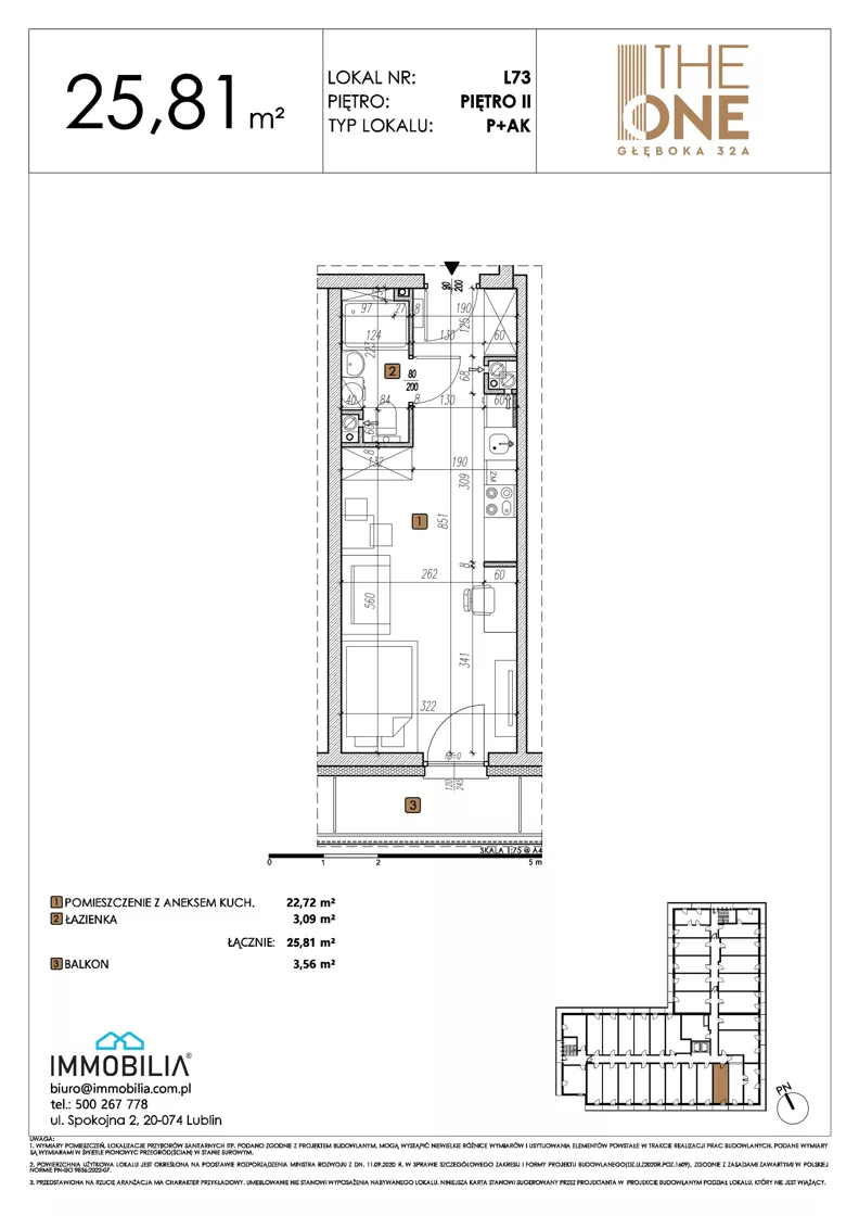1 pokój, lokal inwestycyjny 25,81 m², piętro 2, oferta nr 73, THE ONE, Lublin, Wieniawa, Miasteczko Akademickie, ul. Głęboka 32A