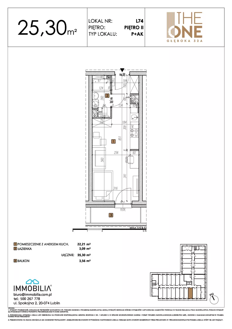 1 pokój, lokal inwestycyjny 25,30 m², piętro 2, oferta nr 74, THE ONE, Lublin, Wieniawa, Miasteczko Akademickie, ul. Głęboka 32A