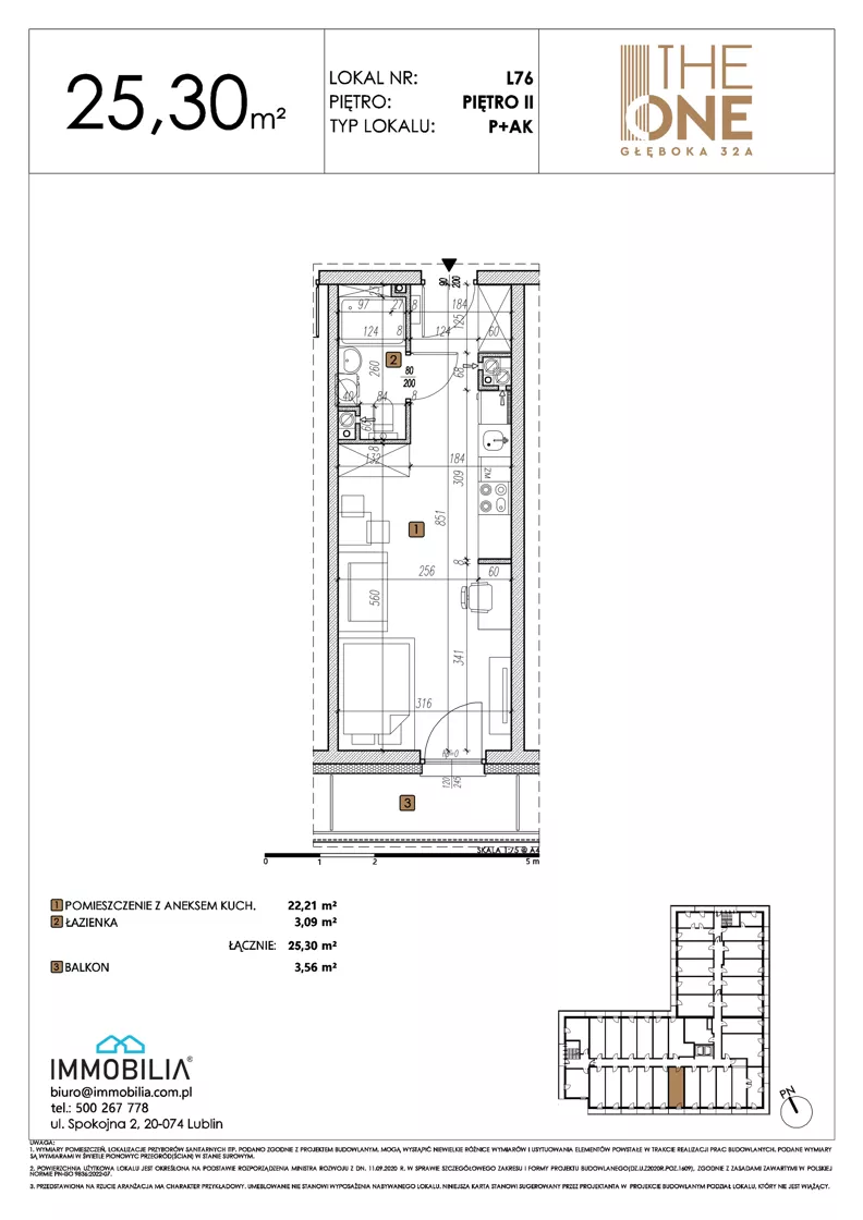 1 pokój, lokal inwestycyjny 25,30 m², piętro 2, oferta nr 76, THE ONE, Lublin, Wieniawa, Miasteczko Akademickie, ul. Głęboka 32A