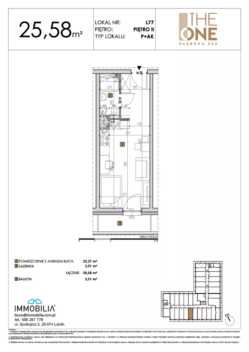 1 pokój, lokal inwestycyjny 25,58 m², piętro 2, oferta nr 77, THE ONE, Lublin, Wieniawa, Miasteczko Akademickie, ul. Głęboka 32A