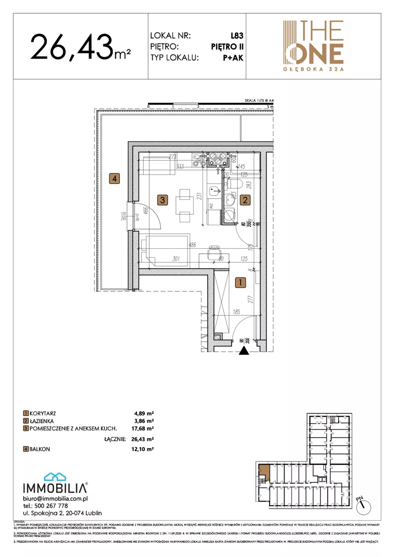1 pokój, lokal inwestycyjny 26,43 m², piętro 2, oferta nr 83, THE ONE, Lublin, Wieniawa, Miasteczko Akademickie, ul. Głęboka 32A