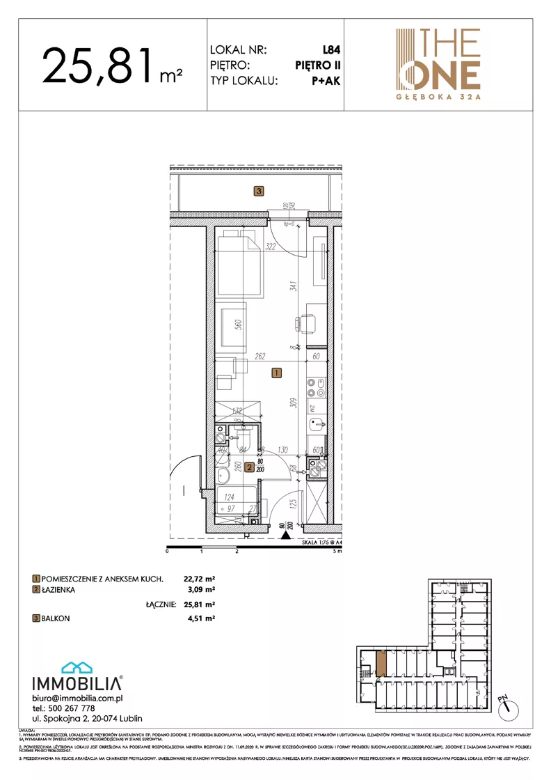 1 pokój, lokal inwestycyjny 25,81 m², piętro 2, oferta nr 84, THE ONE, Lublin, Wieniawa, Miasteczko Akademickie, ul. Głęboka 32A