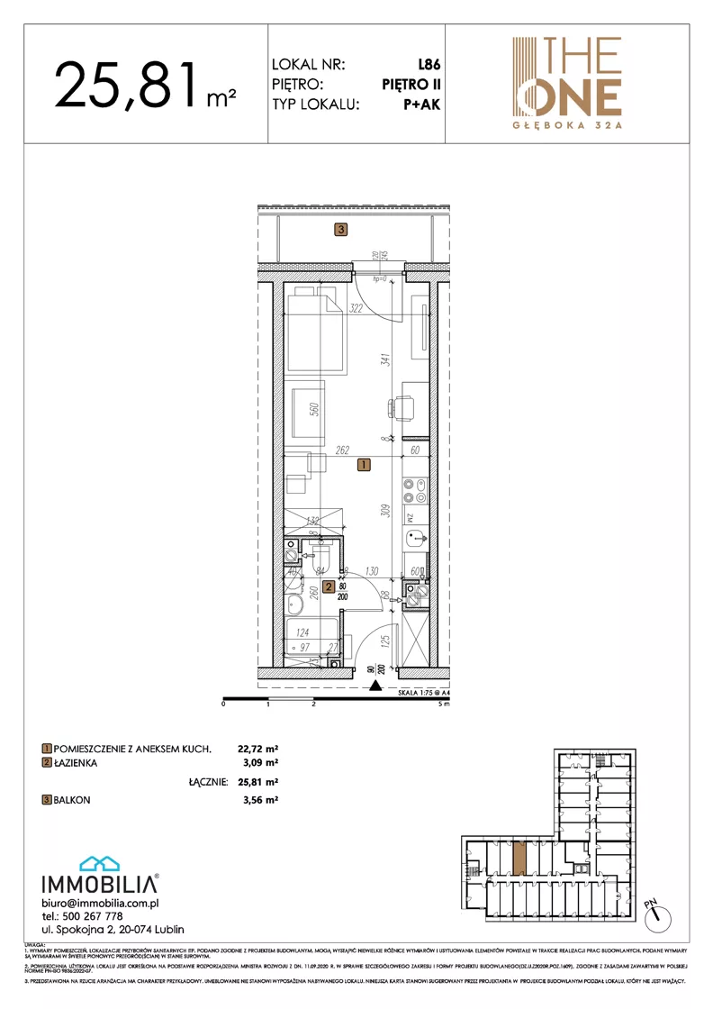 1 pokój, lokal inwestycyjny 25,81 m², piętro 2, oferta nr 86, THE ONE, Lublin, Wieniawa, Miasteczko Akademickie, ul. Głęboka 32A