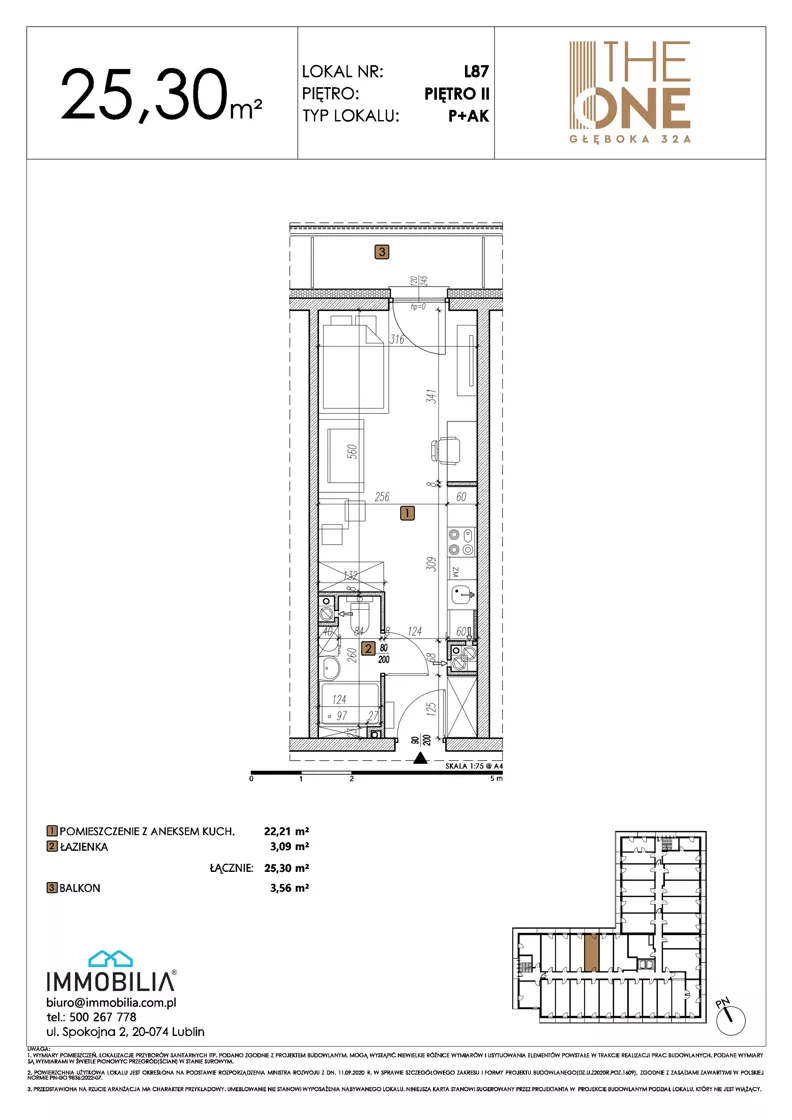 1 pokój, lokal inwestycyjny 25,30 m², piętro 2, oferta nr 87, THE ONE, Lublin, Wieniawa, Miasteczko Akademickie, ul. Głęboka 32A