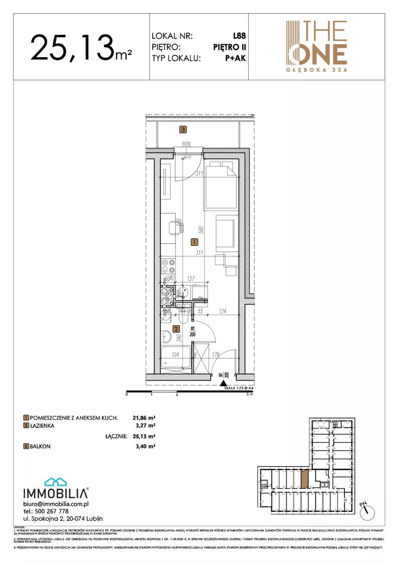 1 pokój, lokal inwestycyjny 25,13 m², piętro 2, oferta nr 88, THE ONE, Lublin, Wieniawa, Miasteczko Akademickie, ul. Głęboka 32A