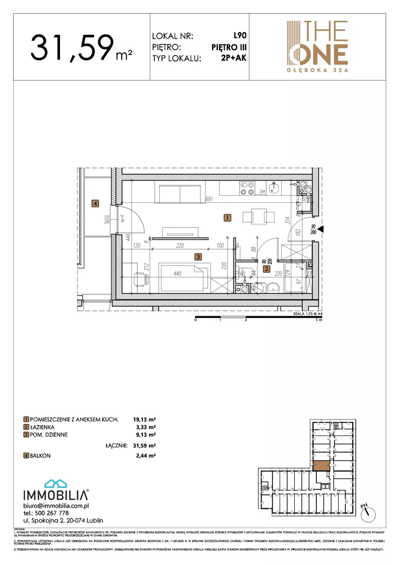 2 pokoje, lokal inwestycyjny 31,59 m², piętro 3, oferta nr 90, THE ONE, Lublin, Wieniawa, Miasteczko Akademickie, ul. Głęboka 32A
