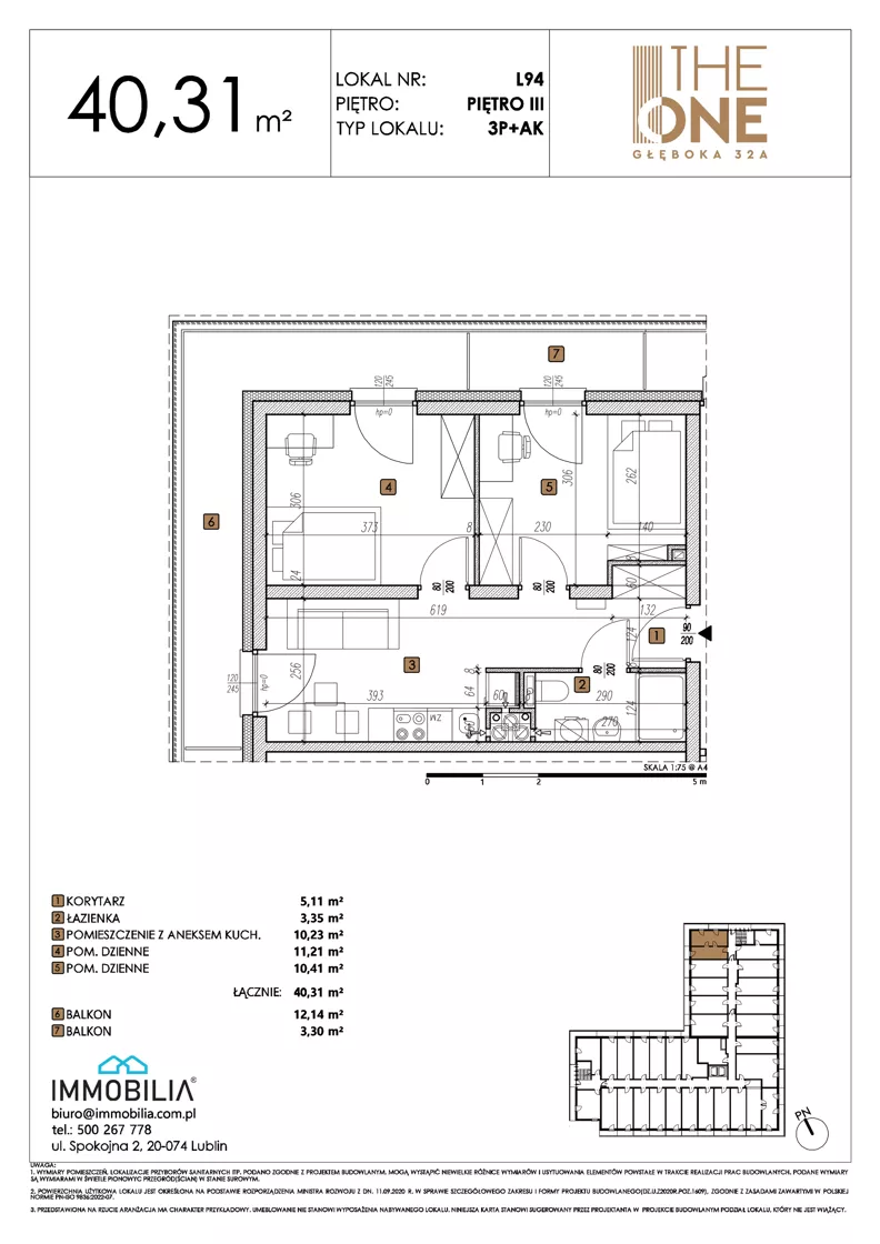 3 pokoje, lokal inwestycyjny 40,31 m², piętro 3, oferta nr 94, THE ONE, Lublin, Wieniawa, Miasteczko Akademickie, ul. Głęboka 32A