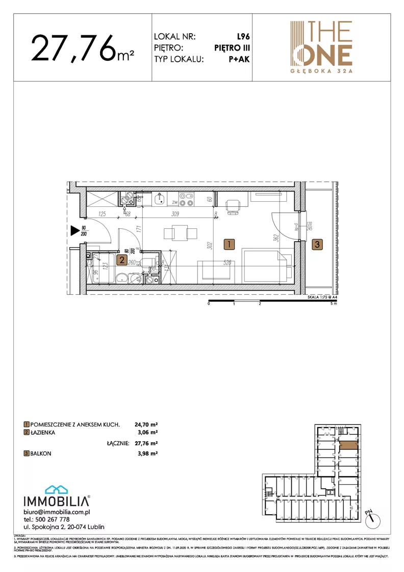 1 pokój, lokal inwestycyjny 27,76 m², piętro 3, oferta nr 96, THE ONE, Lublin, Wieniawa, Miasteczko Akademickie, ul. Głęboka 32A