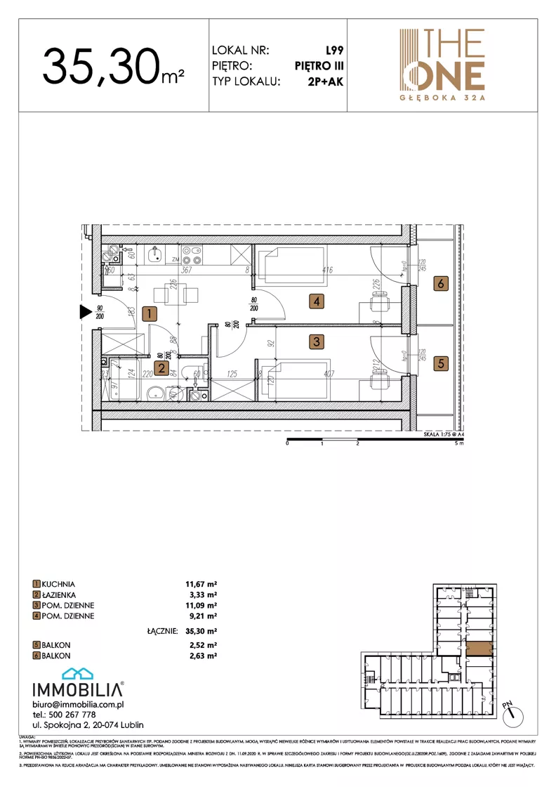 2 pokoje, lokal inwestycyjny 35,30 m², piętro 3, oferta nr 99, THE ONE, Lublin, Wieniawa, Miasteczko Akademickie, ul. Głęboka 32A