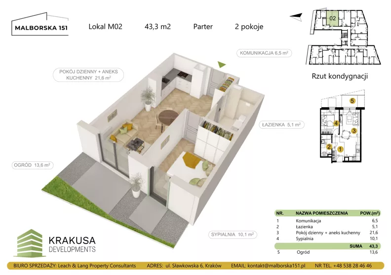 2 pokoje, mieszkanie 43,30 m², parter, oferta nr 2, Malborska 151, Kraków, Podgórze Duchackie, Wola Duchacka, ul. Malborska 151