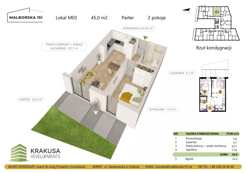 2 pokoje, mieszkanie 45,00 m², parter, oferta nr 3, Malborska 151, Kraków, Podgórze Duchackie, Wola Duchacka, ul. Malborska 151
