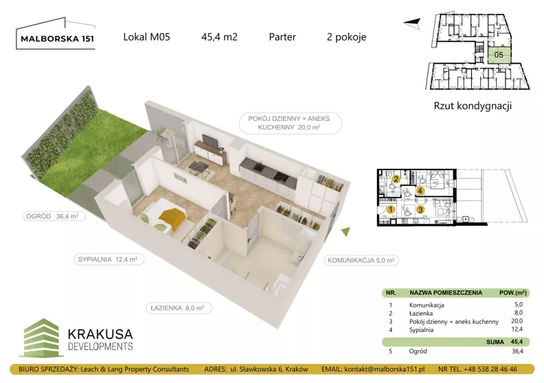2 pokoje, mieszkanie 45,40 m², parter, oferta nr 5, Malborska 151, Kraków, Podgórze Duchackie, Wola Duchacka, ul. Malborska 151