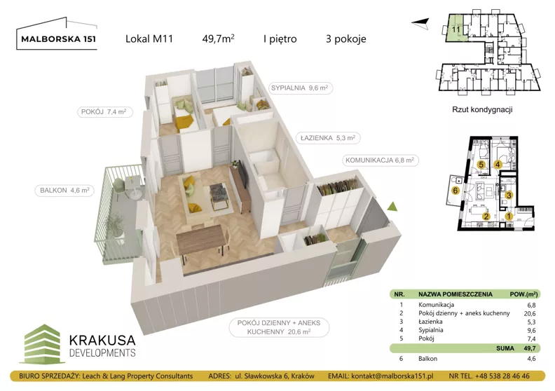 3 pokoje, mieszkanie 49,70 m², piętro 1, oferta nr 11, Malborska 151, Kraków, Podgórze Duchackie, Wola Duchacka, ul. Malborska 151