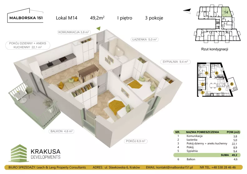 3 pokoje, mieszkanie 49,20 m², piętro 1, oferta nr 14, Malborska 151, Kraków, Podgórze Duchackie, Wola Duchacka, ul. Malborska 151