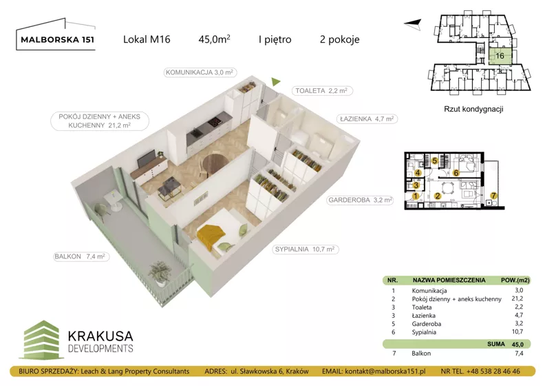 2 pokoje, mieszkanie 45,00 m², piętro 1, oferta nr 16, Malborska 151, Kraków, Podgórze Duchackie, Wola Duchacka, ul. Malborska 151