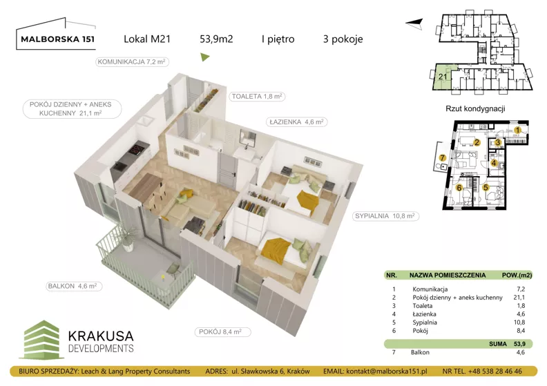 3 pokoje, mieszkanie 53,90 m², piętro 1, oferta nr 21, Malborska 151, Kraków, Podgórze Duchackie, Wola Duchacka, ul. Malborska 151