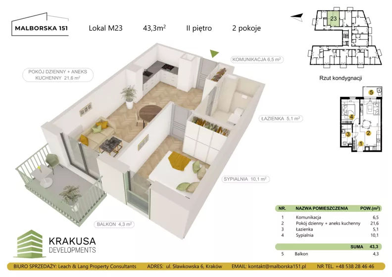 2 pokoje, mieszkanie 43,30 m², piętro 2, oferta nr 23, Malborska 151, Kraków, Podgórze Duchackie, Wola Duchacka, ul. Malborska 151
