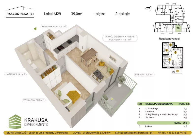 2 pokoje, mieszkanie 39,00 m², piętro 2, oferta nr 29, Malborska 151, Kraków, Podgórze Duchackie, Wola Duchacka, ul. Malborska 151