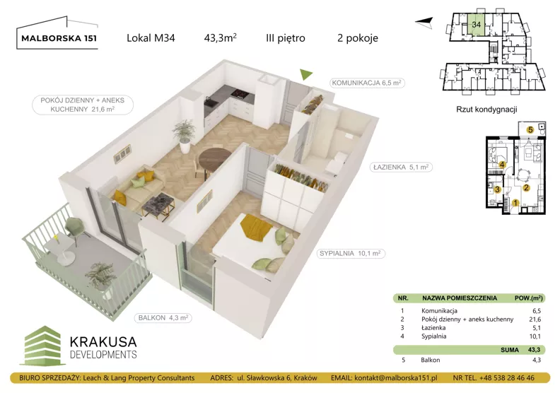 2 pokoje, mieszkanie 43,30 m², piętro 3, oferta nr 34, Malborska 151, Kraków, Podgórze Duchackie, Wola Duchacka, ul. Malborska 151
