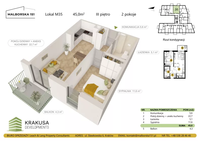 2 pokoje, mieszkanie 45,00 m², piętro 3, oferta nr 35, Malborska 151, Kraków, Podgórze Duchackie, Wola Duchacka, ul. Malborska 151
