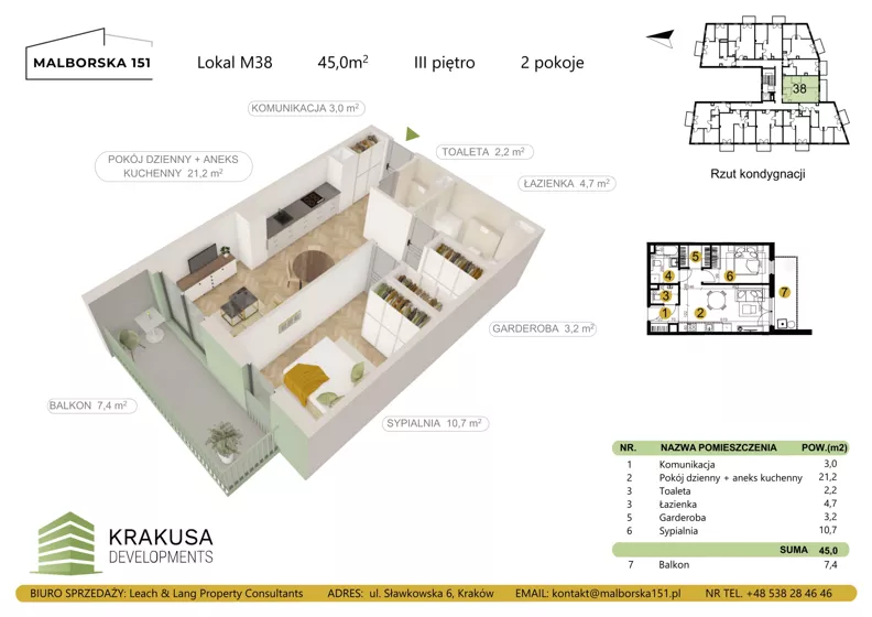 2 pokoje, mieszkanie 45,00 m², piętro 3, oferta nr 38, Malborska 151, Kraków, Podgórze Duchackie, Wola Duchacka, ul. Malborska 151