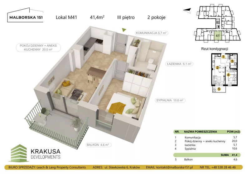2 pokoje, mieszkanie 41,40 m², piętro 3, oferta nr 41, Malborska 151, Kraków, Podgórze Duchackie, Wola Duchacka, ul. Malborska 151
