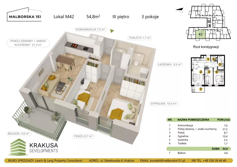 3 pokoje, mieszkanie 54,80 m², piętro 3, oferta nr 42, Malborska 151, Kraków, Podgórze Duchackie, Wola Duchacka, ul. Malborska 151