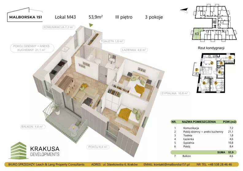 3 pokoje, mieszkanie 53,90 m², piętro 3, oferta nr 43, Malborska 151, Kraków, Podgórze Duchackie, Wola Duchacka, ul. Malborska 151