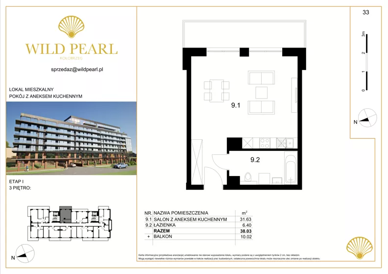 1 pokój, mieszkanie 38,03 m², piętro 3, oferta nr 33, Wild Pearl, Kołobrzeg, ul. Jedności Narodowej 12D i 12 E