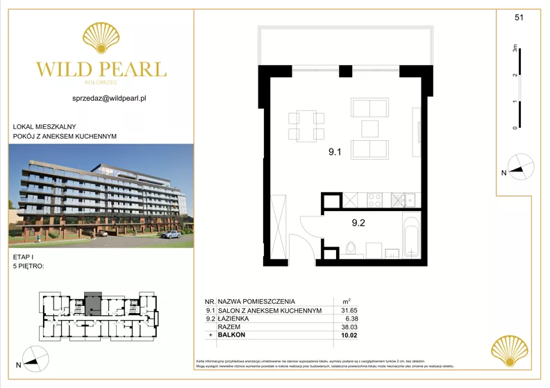 1 pokój, mieszkanie 38,03 m², piętro 5, oferta nr 51, Wild Pearl, Kołobrzeg, ul. Jedności Narodowej 12D i 12 E