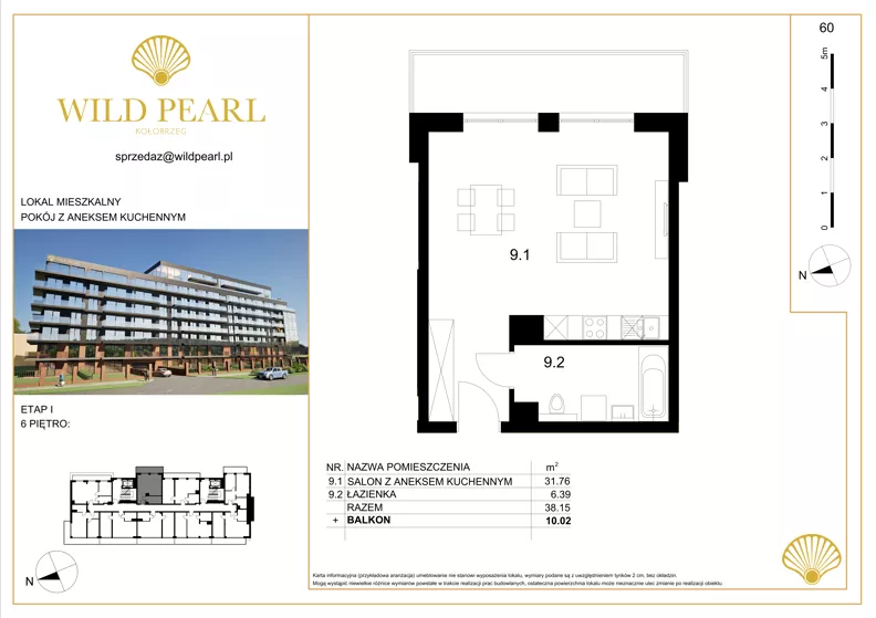 1 pokój, mieszkanie 38,15 m², piętro 6, oferta nr 60, Wild Pearl, Kołobrzeg, ul. Jedności Narodowej 12D i 12 E