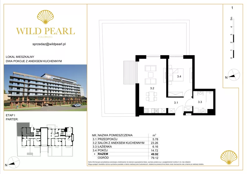 2 pokoje, mieszkanie 49,92 m², parter, oferta nr 1, Wild Pearl, Kołobrzeg, ul. Jedności Narodowej 12D i 12 E