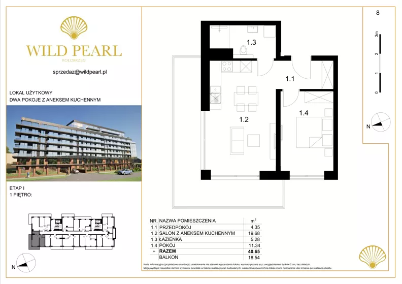 2 pokoje, lokal inwestycyjny 40,65 m², piętro 1, oferta nr 8, Wild Pearl, Kołobrzeg, ul. Jedności Narodowej 12D i 12 E