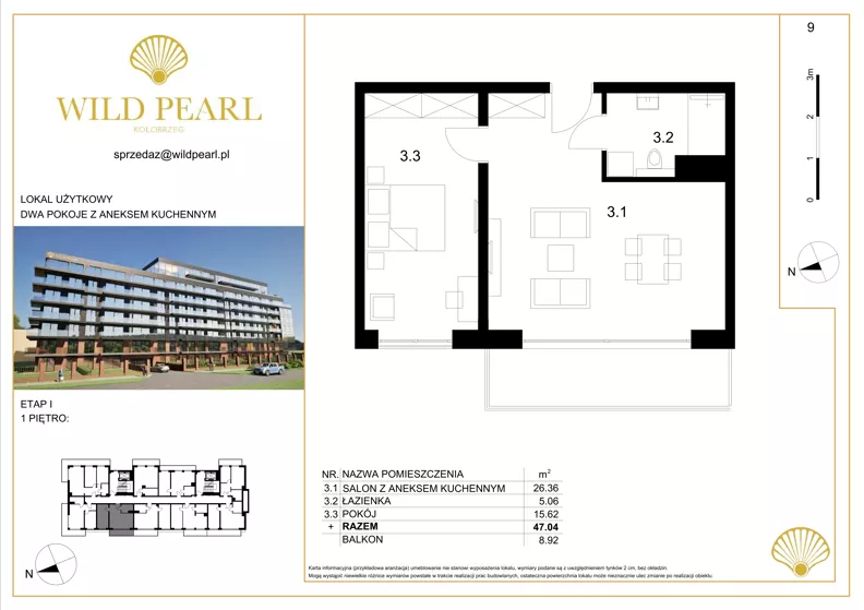 2 pokoje, lokal inwestycyjny 47,04 m², piętro 1, oferta nr 9, Wild Pearl, Kołobrzeg, ul. Jedności Narodowej 12D i 12 E