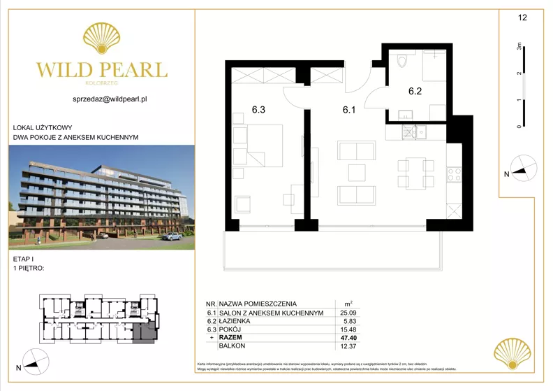 2 pokoje, lokal inwestycyjny 47,40 m², piętro 1, oferta nr 12, Wild Pearl, Kołobrzeg, ul. Jedności Narodowej 12D i 12 E