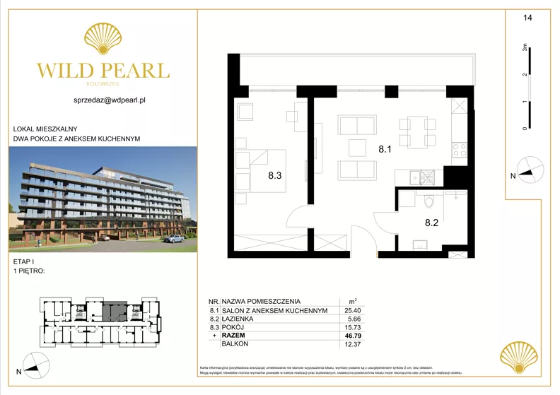 2 pokoje, mieszkanie 46,79 m², piętro 1, oferta nr 14, Wild Pearl, Kołobrzeg, ul. Jedności Narodowej 12D i 12 E