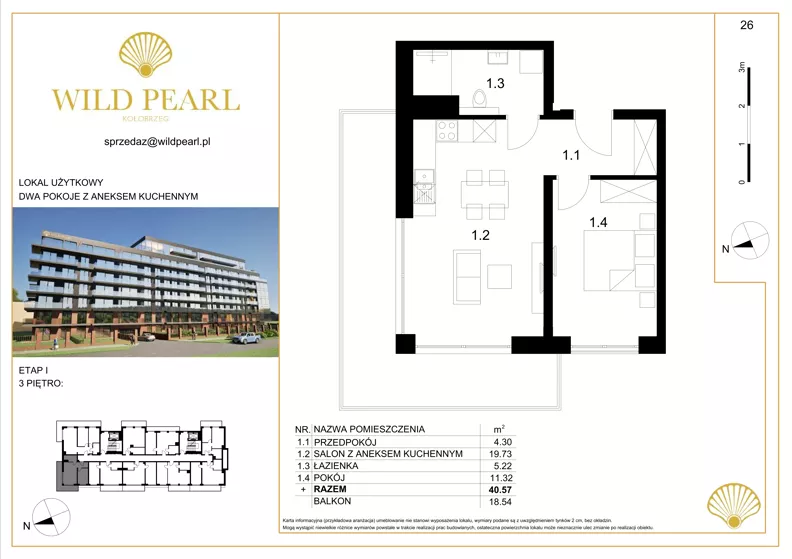 2 pokoje, lokal inwestycyjny 40,57 m², piętro 3, oferta nr 26, Wild Pearl, Kołobrzeg, ul. Jedności Narodowej 12D i 12 E